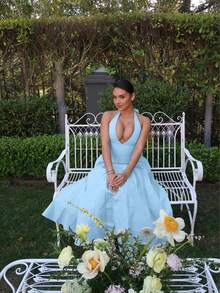 Vestido elegante y sexy de vacaciones, con abertura y nudo en el cuello, plisado para mujer, para primavera/verano