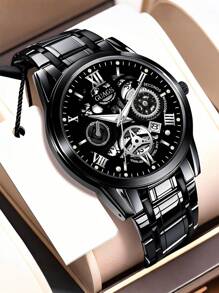 Relógio masculino de escala romana, modelo fashion, 1 peça | Pulseira de aço inoxidável e movimento de quartzo com calendário, relógio masculino de disco grande | Adequado para presentes de aniversário, presentes de formatura, presentes de Halloween