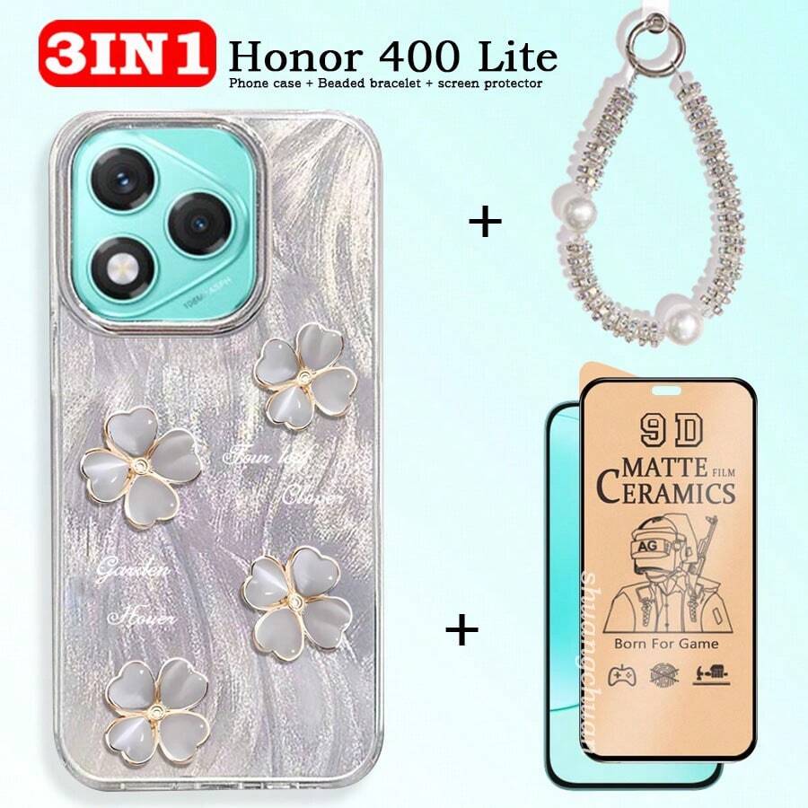 3 件/套适用于荣耀 400 Lite 屏幕钢化玻璃保护膜、手机保护壳、防摔手机壳、手机挂绳、珍珠水钻挂链、奢华风格手机配件套装适用于荣耀 X5B、X5B Plus、X6C、X6B、X7C、X8C、X8B、Reno14 F、Spark40、40c