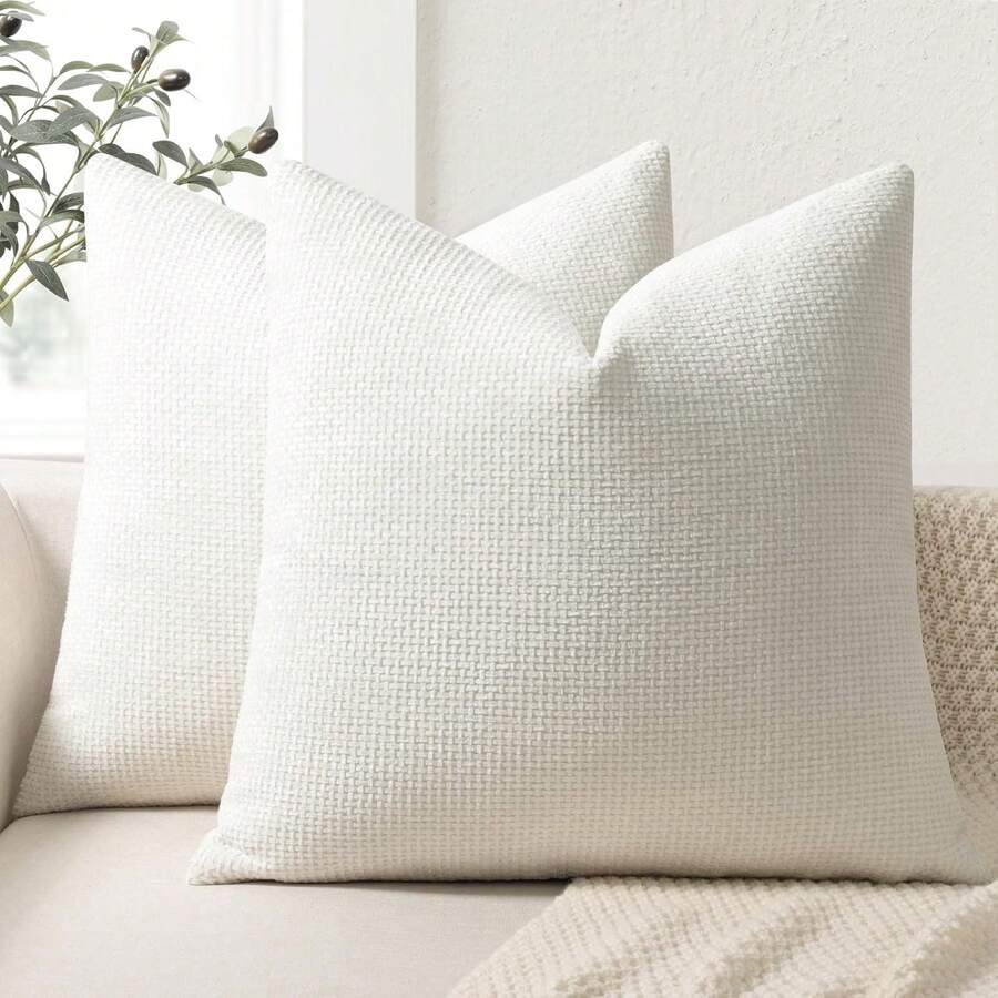 1pc Unisex Chenille Decorative Pillow Case, Soft Woven Texture Luxury Cushion Cover For Bed And Living Room Sofa Throw Pillow - Creamy White - View 1