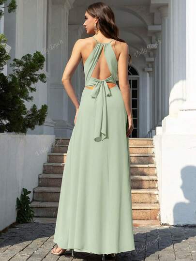 Volly Toych Vestido formal de gasa plisado de línea A elegante de celadón para dama de honor, vestido de invitada de boda, vestidos largos para vacaciones