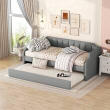 90 X 200(190) DAY-Beds, Upholstered Single Daybed With Trundle, Grey - Grey + Cotton Linen - View 1