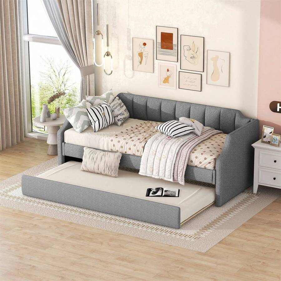 90 X 200(190) DAY-Beds, Upholstered Single Daybed With Trundle, Grey - Grey + Cotton Linen - View 1