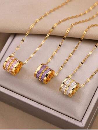 1 件奢华三色全水晶几何吊坠钛钢项链，适合女性日常佩戴