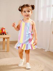 Young Girls Casual Sleeveless Striped Ruffled Hem Beach Dress + Bag - Multicolor - View 3