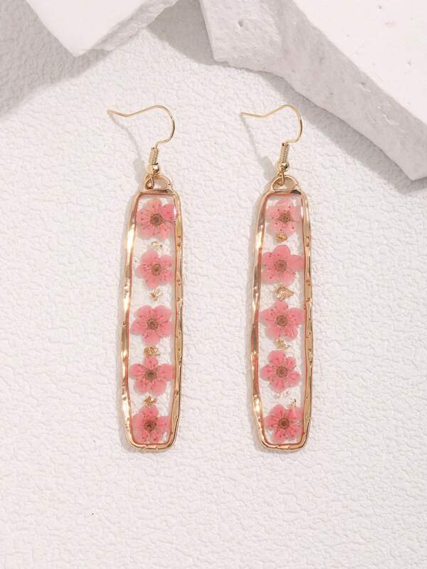 1 paire de boucles d'oreilles pendantes en résine avec fleurs séchées pressées rectangulaires, convient pour un port quotidien pour femmes