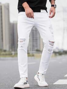 Men's Fashion Casual Washed Elastic Distressed Slim Fit Jeans - White - View 4