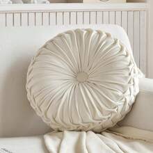 1pc Decorative Round Pleated Seat Cushion, Classy Accent Wheel Throw Pillows With Center Button, Vintage Velvet Floor Pillow For Sofa Couch Vanity Chair Bed - 綠色 - 查看 9