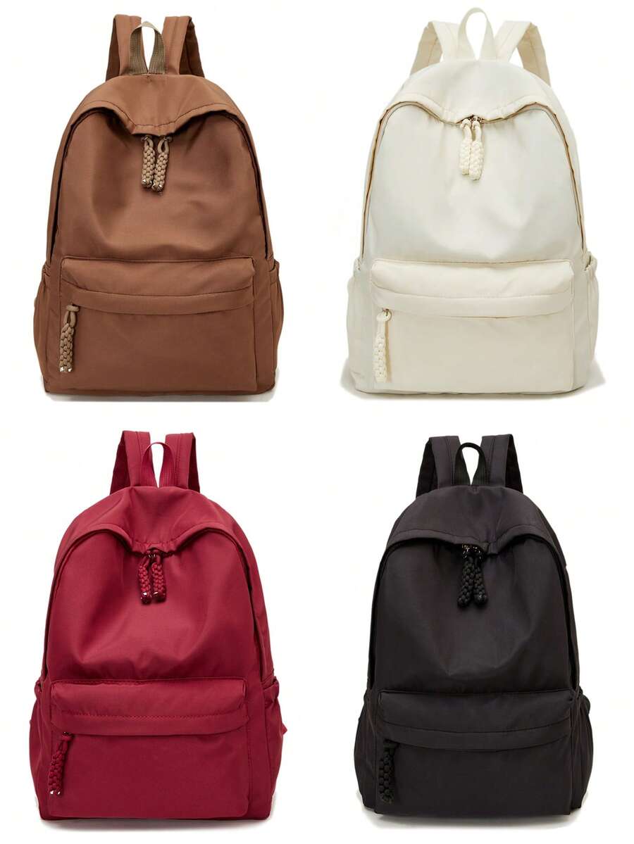 1 件简约纯色尼龙大童背包学校小学生中学生书包男孩旅行背包便携式大容量拉链闭合学院风轻便休闲背包适合旅行度假露营野餐运动返校旅行购物户外超市学校用品返校用品适合女孩男孩学生朋友青少年书包学校背包 - 彩色 - 查看 1