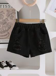 1 pieza Shorts vaqueros rotos de uso versátil para vacaciones y exteriores para niñas pre-adolescentes