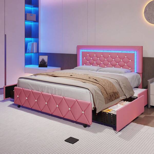 Twin/ Full/ Queen Bed Frame With Drawers, Upholstered Bed Frame With LED Lights, Modern Platform Bed Frame With Headboard And Footboard, Diamond Tufted Design, No Box Spring Needed, White/ Pink/ Black/ Purple/ Yellow (Twin Size 2 Drawers/ Other Size 4 Drawers) * Bed Frame Queen Bed Frame Bed Queen Bed Frame King Bed Frame Bedroom Furniture Bed Frame Full Full Size Bed Frame Twin Bed Frame Beds Cozy Bedroom Home Bedroom Refresh Room Decor Home Decor Christmas Decor Bedroom Decor Valentine Day Decor Storage Living Room Decor Furniture House Decor Halloween Decorations