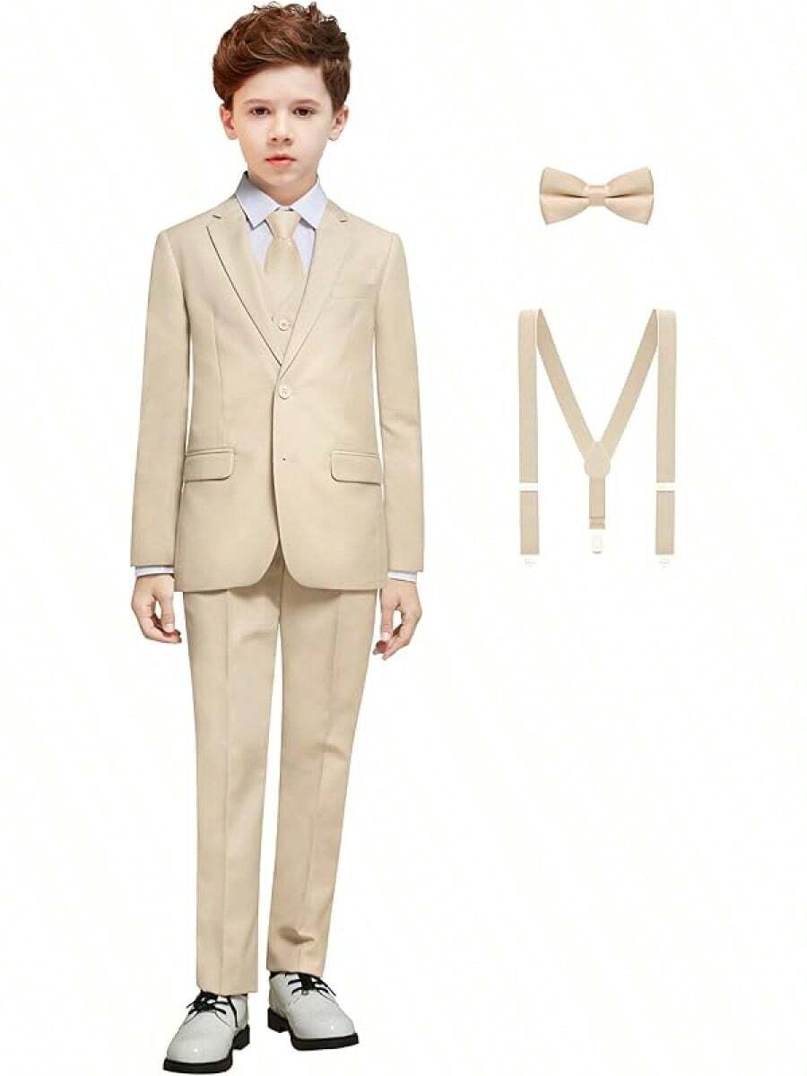 Boys Formal Suit Set - Suspenders Adjustable Waist Ring Bearer - 淺褐色的 - 查看 1