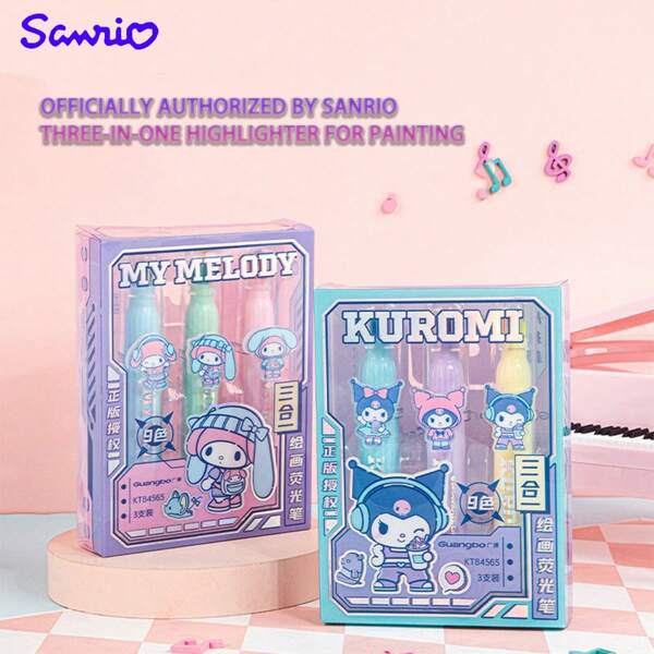 Sanrio Sanrio Official Genuine Sanrio Three-In-One Drawing Highlighter With Key Marking DIY Greeting Card Planner Pen Highlighters, School Supplies, Colored Markers, Pretty Stationery,School Supplies,Back To School