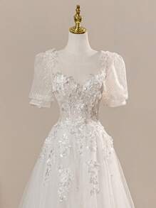 Elegant Puff Sleeve Floral Lace Princess Ball Gown Wedding Dress