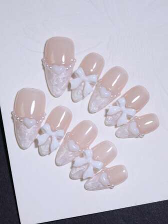 Pear White & Nude Color Block Shimmer 100% Handmade Press On Nails With Bow Knots Nail Decoration 10 Pieces Almond French Style Manual Nails Reusable False Nail Tips DIY Nail Products For Women And Girls Four Seasons With Nail Stick And File
