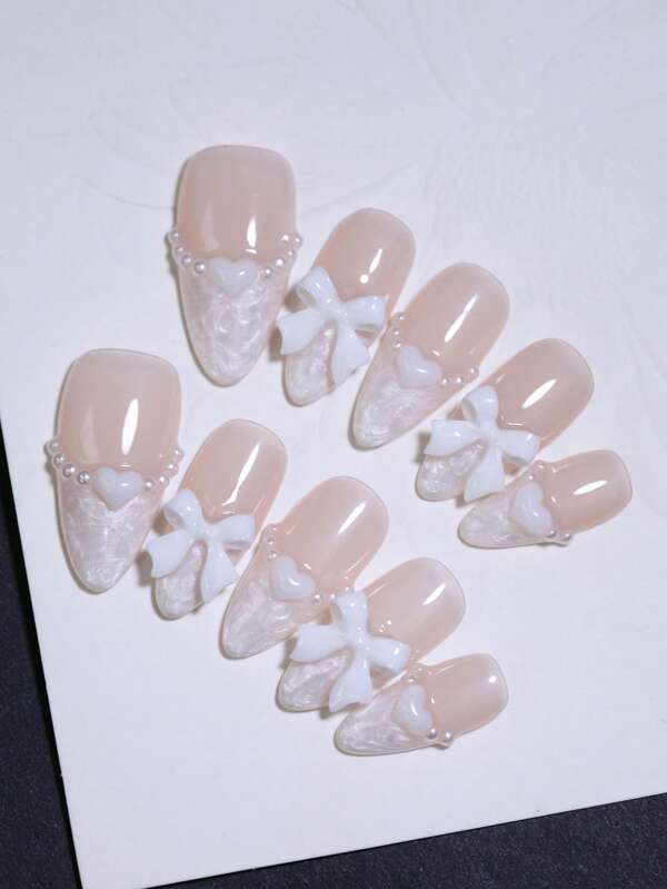 Decoração de unhas com laços, branco pera brilhante e nude, 100% artesanal, unhas postiças estilo francês, amêndoa, pontas manuais reutilizáveis, produtos para unhas faça você mesmo para mulheres e meninas, quatro estações, com palito e lixa