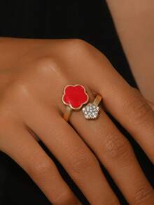 1 件优雅花卉设计开口戒指，带树脂、合金、水钻、可调节女士指环，适合日常佩戴