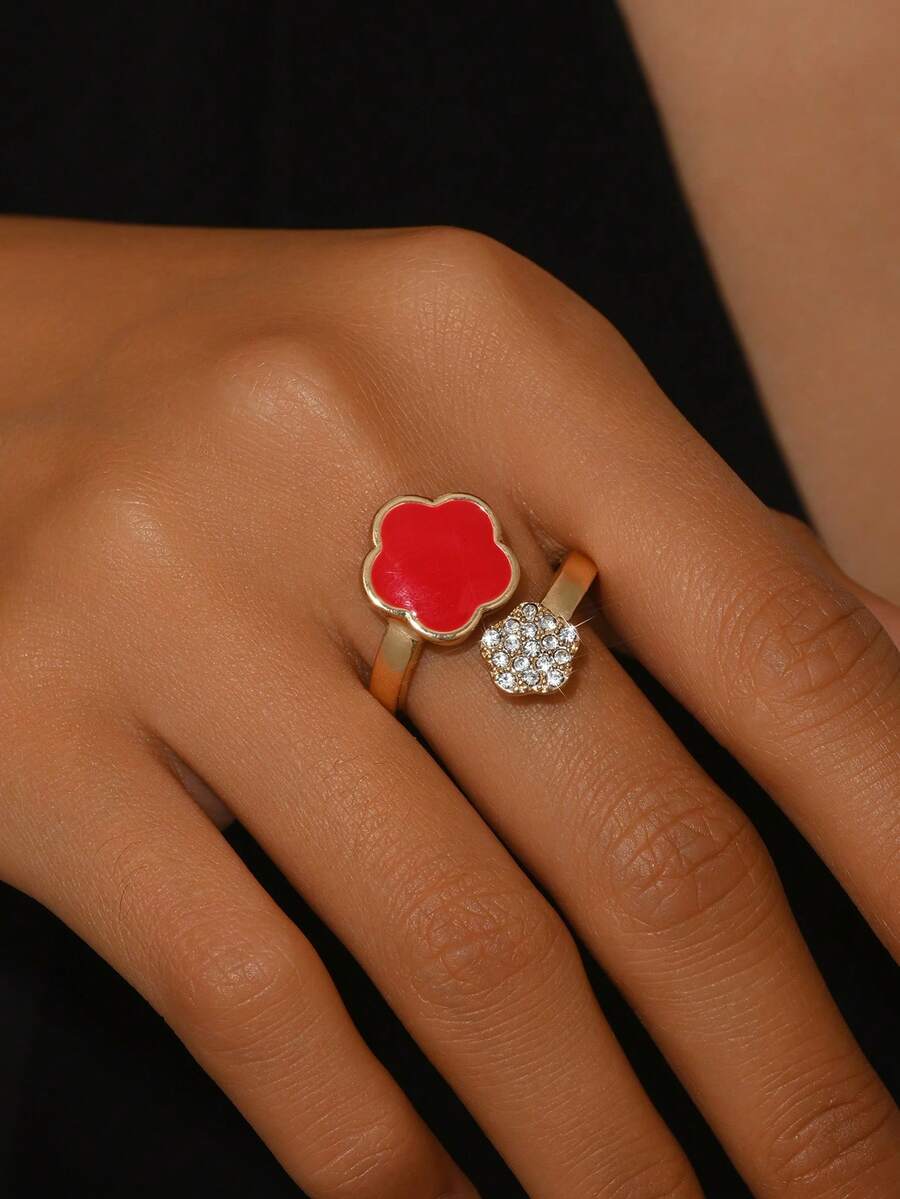 1 件优雅花卉设计开口戒指，带树脂、合金、水钻、可调节女士指环，适合日常佩戴