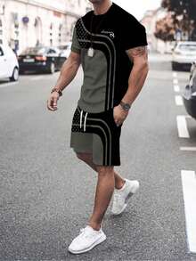 Camiseta De Tirantes Y Pantalones Cortos Con Estampado Para Hombres,Conjunto De Dos Piezas Para Hombre Un Look Casual De Verano - Negro - Ver 4