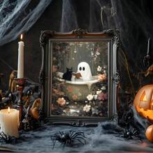 1 pezzo Fantasma nella vasca da bagno che legge con un gatto nero, opera d'arte murale per decorazione gotica da bagno, cartellone vintage senza cornice su tela per bagno/soggiorno/camera da letto gotica, regalo perfetto per Ognissanti e decorazione per feste (pittura gotica, pitture, stampe murali, stampe da parete, cartellone funky, ritorno a scuola, vacanze, spiaggia, laurea)