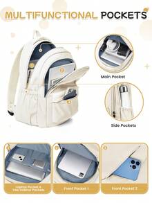 Casual College Student Backpack, Solid Color 14/15.6 Inch Laptop Backpack, Unisex, Commuter Bag With Zipper Pockets, Multi-Functional Compartment Backpack, Daily Backpack Travel Bag, Fashionable Minimalist Casual, Multi-Functional Outdoor Travel Backpack, Portable Large Capacity Lightweight Backpack, Suitable For Work, Size 44*15*30cm - Multicolor - View 7