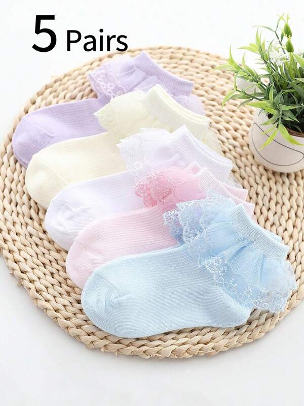 5 Paar Mädchen Prinzessin Knöchelsocken | atmungsaktives Mesh & Spitzenbesatz, weiche, dehnbare Polyestermischung, ganzjähriger Bootsschuh-Stil mit Blumenmustern, sortierte Farben für Kinder bis 12 Jahre
