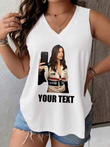 Camiseta de tirantes deportiva informal para mujeres de talla grande, ropa personalizada con texto gráfico, camiseta, blusas de moda, gráficos personalizables, impresión por transferencia de calor, eliminación de imagen de fondo, personalización, celebridades, anime, patrones, pasatiempos, regalos personalizados, regalos festivos