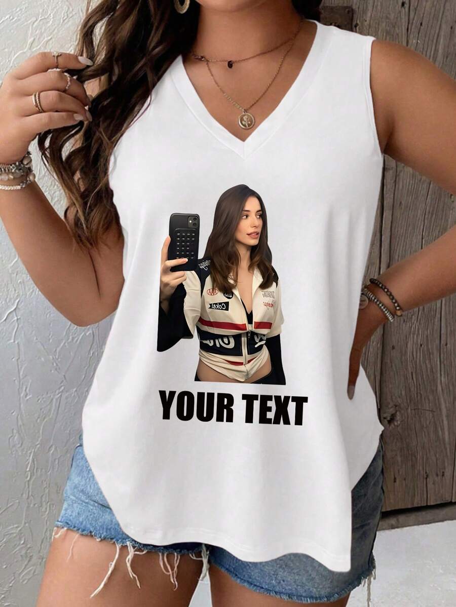 Camiseta de tirantes deportiva informal para mujeres de talla grande, ropa personalizada con texto gráfico, camiseta, blusas de moda, gráficos personalizables, impresión por transferencia de calor, eliminación de imagen de fondo, personalización, celebridades, anime, patrones, pasatiempos, regalos personalizados, regalos festivos