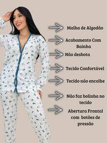 Women's American Long Winter Pajamas With Buttons, Jeane Leão Cotton Trousers And Blouse. - Nhiều màu - Xem 7