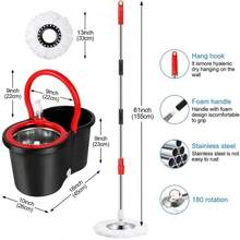 Spin Mop Bucket 360 Rotating  Easywring Microfiber FloorCleaning System + 3 Extra Refills MopHeads,Red/Black Set Pack