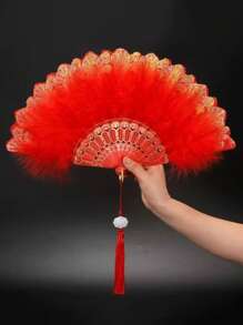 1pc Women Retro Feather Lace Folding Fan, Classical Dance Cheongsam Prop, Stage Performance Hand Held Fan For Costume Party