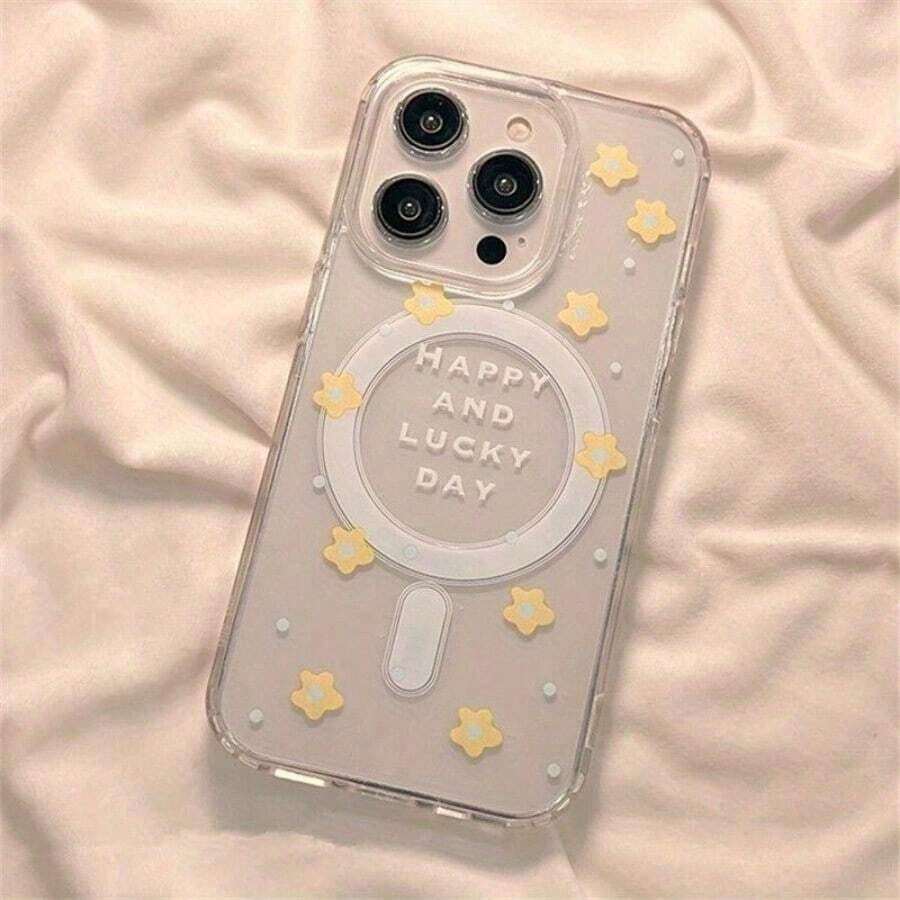 Ins Yellow Flower Suitable For S24FE S23Plus S22 ULTRA, Suitable For IPhone 17/16/15/14/13/12 Pro Max 16/15/14 Plus, Transparent Acrylic Magnetic Mobile Phone Case With Fashion Pattern Design, Shock-Proof Classic Mixed Transparent Mobile Phone Case Magnetic Mobile Phone Case - Trong sáng - Xem 1