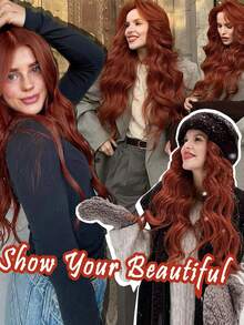 26 Inch Elegant Long Dirty Orange Curly Wavy U Part Lace Synthetic Wig For Women - Heat Resistant Fiber, Natural Middle Part, Full Volume, For Daily Wear, Party & Cospla - Dirty Orange - View 5