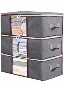 Juego de 3 bolsas de almacenamiento de tela plegables para organizar ropa, mantas, suéteres, ropa de cama, almohadas, organizador del hogar - Gris - Ver 2