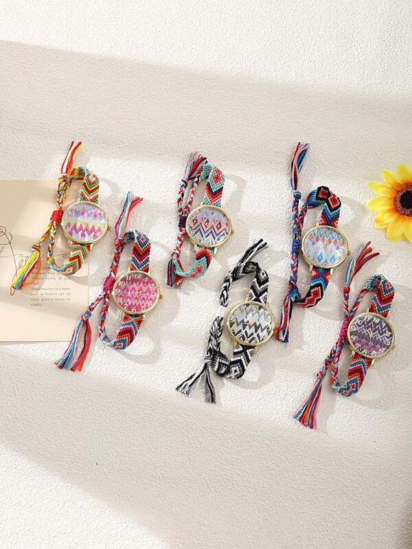 Women's Bracelet Watch Woven Rope Watch Drawstring Geometric Pattern Girls' Bracelet Watch Bohemian Retro Quartz Watch Gift