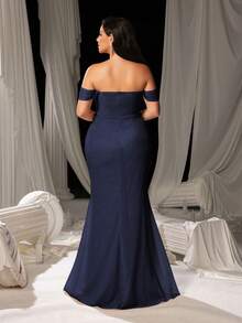 Faeriesty Curve Plus Off-Shoulder Mermaid Evening Gown With Subtle Ruching Details, Glamorous Belt & High Side Slit | Luxe Formal Design | Perfect For Weddings, Galas, Proms, And Upscale Evening Parties - Navy Blue - View 2