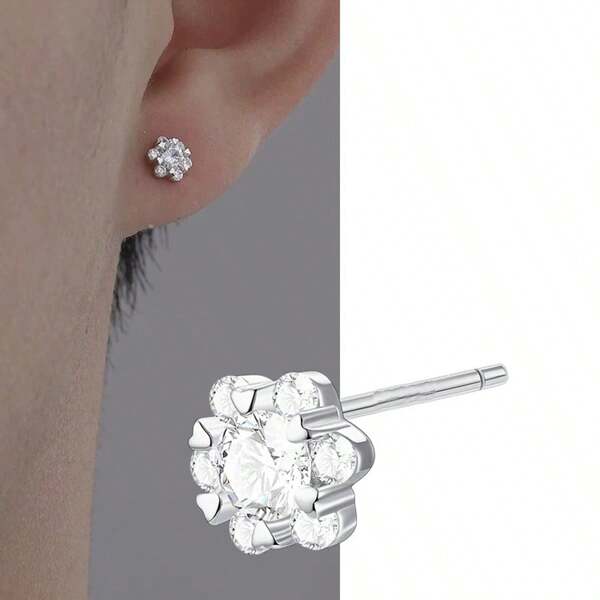 1 Pair Minimalist Flower Zirconia Stud Earrings, Unisex Fashion Versatile Earrings Gift For Girlfriend