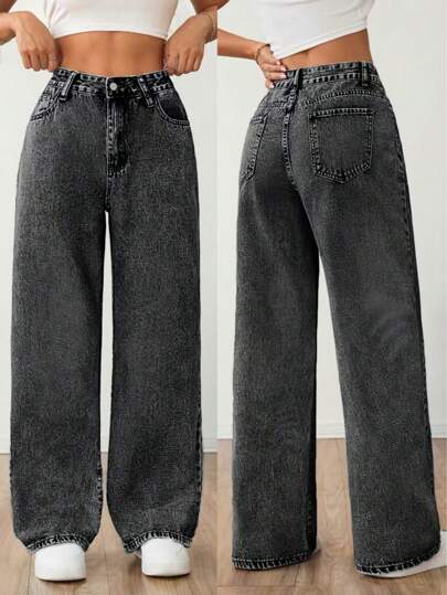 Casual Washed Denim Wide Leg Jeans For Women Long With Flakes Details Non-Stretch Fabric