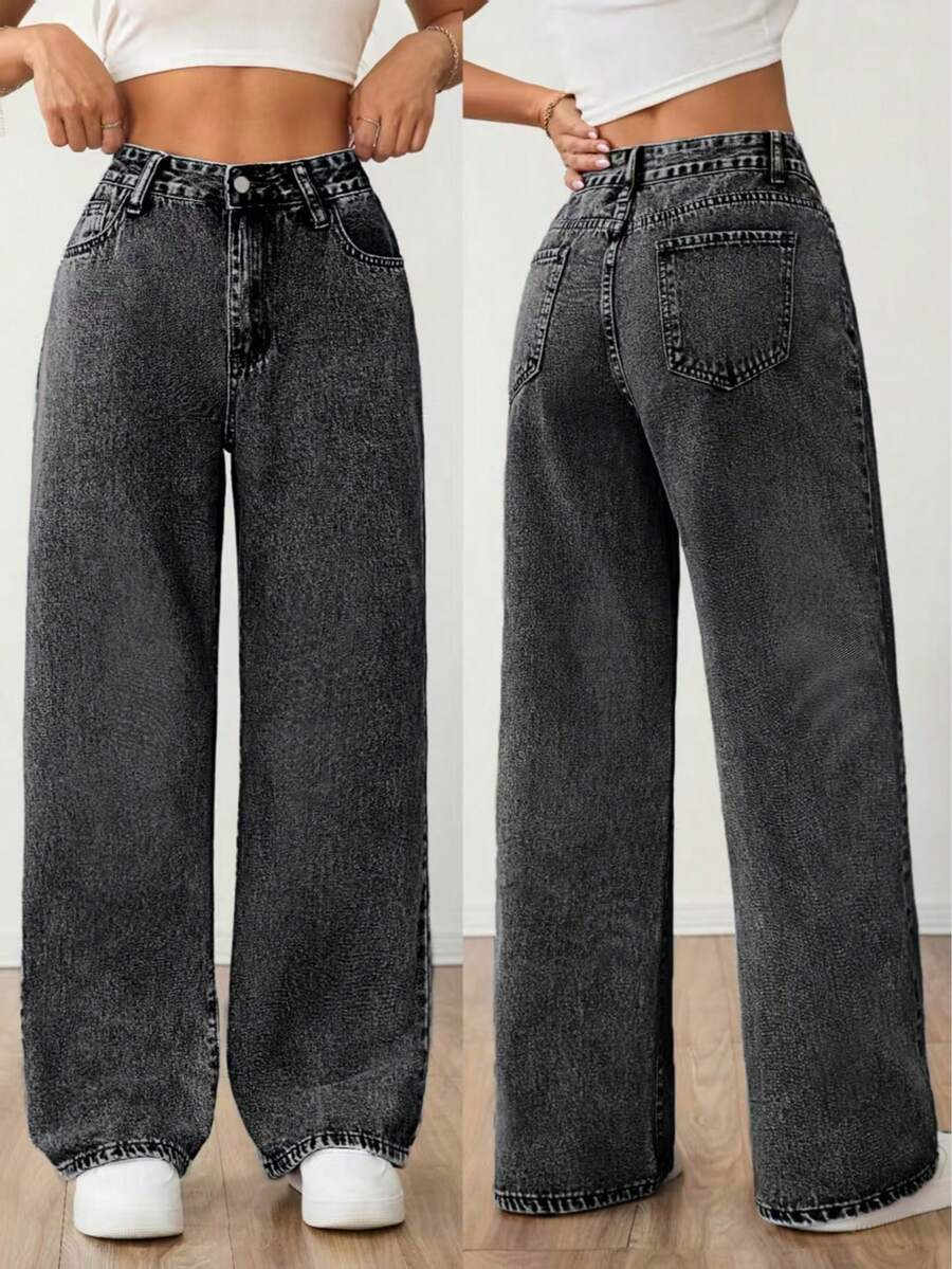 Casual Washed Denim Wide Leg Jeans For Women Long With Flakes Details Non-Stretch Fabric