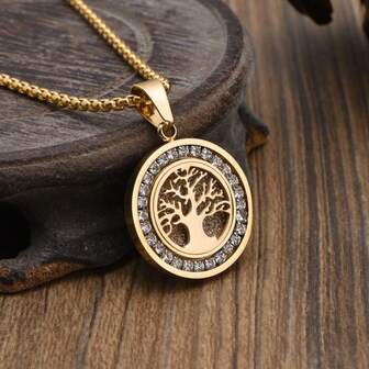 1pc Shiny Luxury Tree Of Life Pendant Necklace, Stainless Steel Cubic Zirconia Decorated Men's Fashion Necklace, Unisex Daily Jewelry Accessory