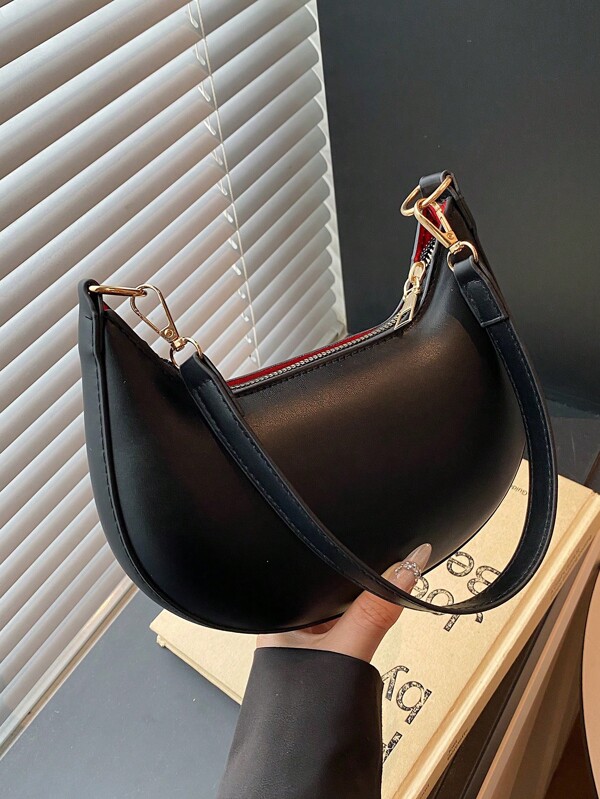 1 pieza Bolso de hombro en forma de media luna de unicolor de PU con cierre de cremallera, bolso de hombro vintage de moda adecuado para damas de oficina, versátil
