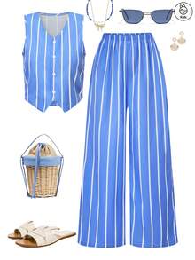 女童度假休闲条纹无袖上衣和直筒裤套装，蓝色时尚度假两件套 - 藍色 - 查看 1