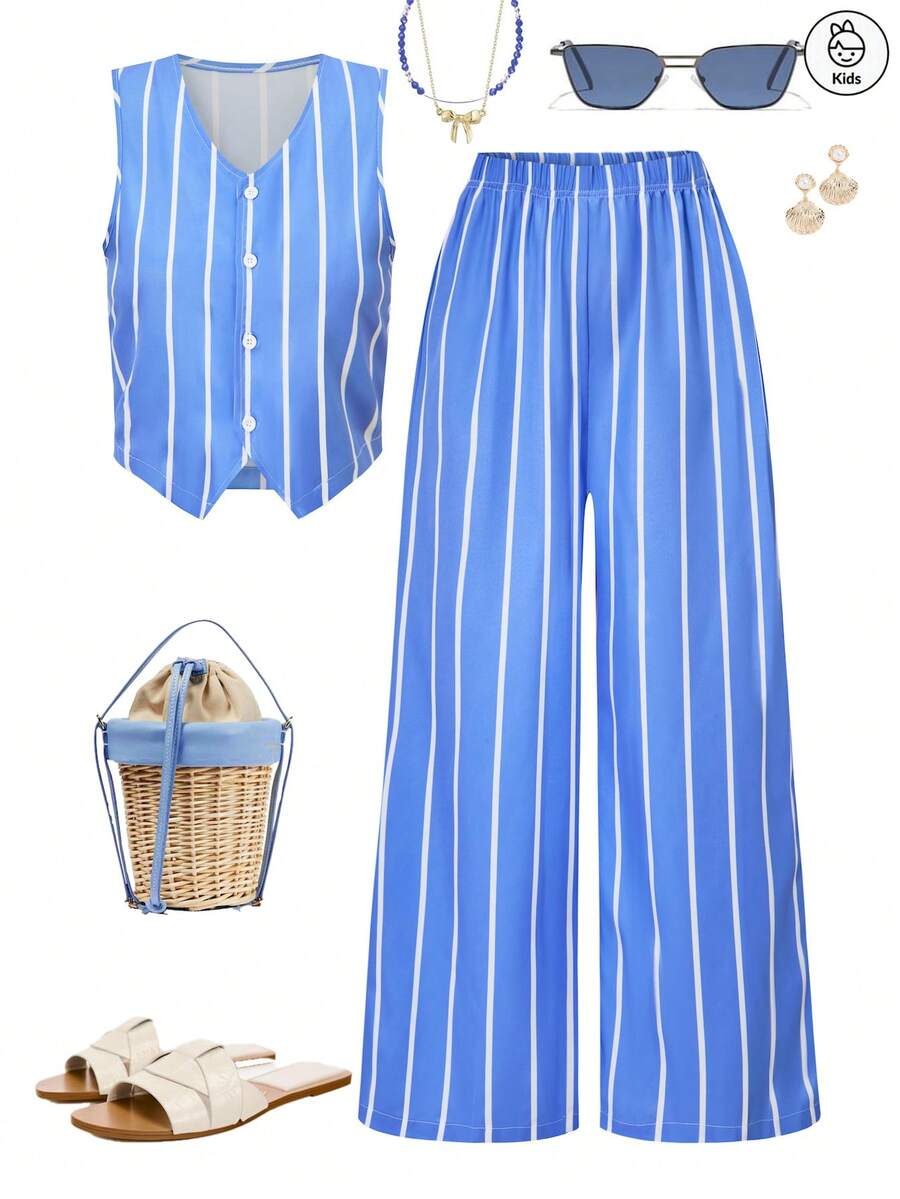 女童度假休闲条纹无袖上衣和直筒裤套装，蓝色时尚度假两件套 - 藍色 - 查看 1