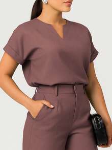 Women's Linen Set - Basic Blouse With Small V Neckline And Tailored Cycling Shorts | Elegance And Comfort - Rust Brown - View 6