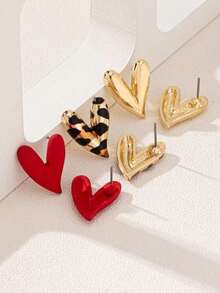 3 Pairs Fashion Personalized Metallic Enamel Leopard & Heart Stud Earring Set, Suitable For Party And Multiple Occasions For Women - 多色 5 - 查看 4