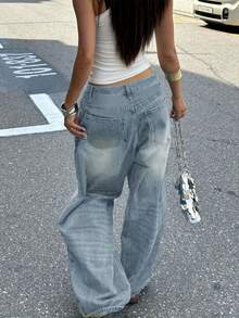 Washed Straight Leg Light Blue Denim Casual American Style Women's Loose Wide Leg Mop Pants Jeans, Fashion For Spring/Summer