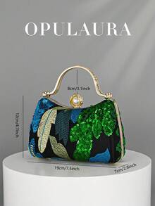 OpulAura Sequin Embroidered Floral Box Clutch, Women's Fashion Sequin Patchwork Handbag, Party Evening Bag, Random Cutting, Suitable For Women, Suitable For Party, Wedding, Formal Dance, Holiday. Highly Suitable For Party, Wedding, Formal Dance, Banquet/Gala, Paired With Holiday Party Dresses, Evening Gowns, And Sequin Dresses. - Green - View 5