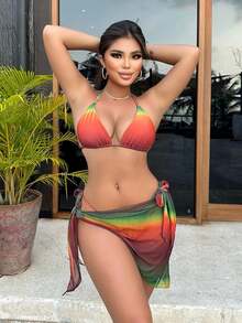SEGT Women's 3 Piece Swimsuit Halter Side Tie Thong Bikini Set With Cover Up Skirt - Grey Multi - 查看 7