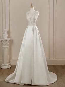 New Gorgeous Sleeveless Deep V-Neck High Slit Wedding Dress, White