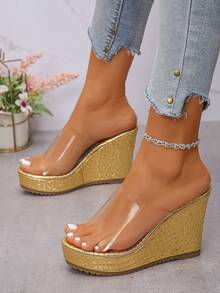 1 双女士新款舒适厚底粗跟透明一脚蹬露趾凉鞋，性感绳底夏季拖鞋